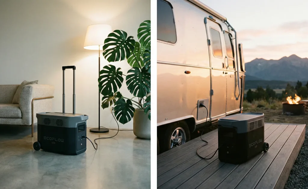 Estación de cargaEcoflow Delta Pro en camping al lado de una furgoneta y en un salón lujoso.