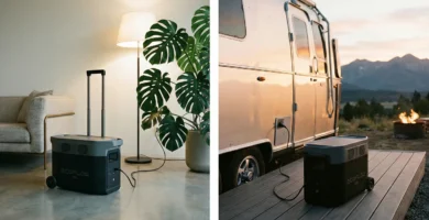 Estación de cargaEcoflow Delta Pro en camping al lado de una furgoneta y en un salón lujoso.