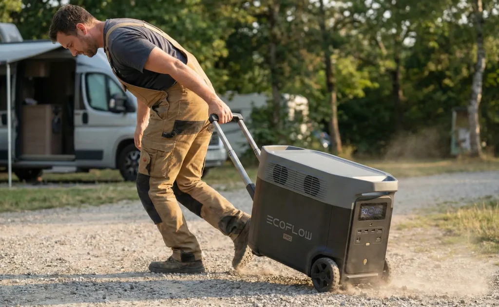 Hombre transportando la Ecoflow Delta Pro con la maneta telescópica en un camping.