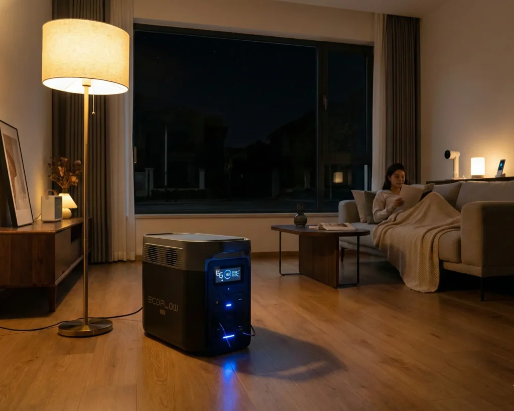 Estación de energía doméstica iluminando un salón durante un apagón.