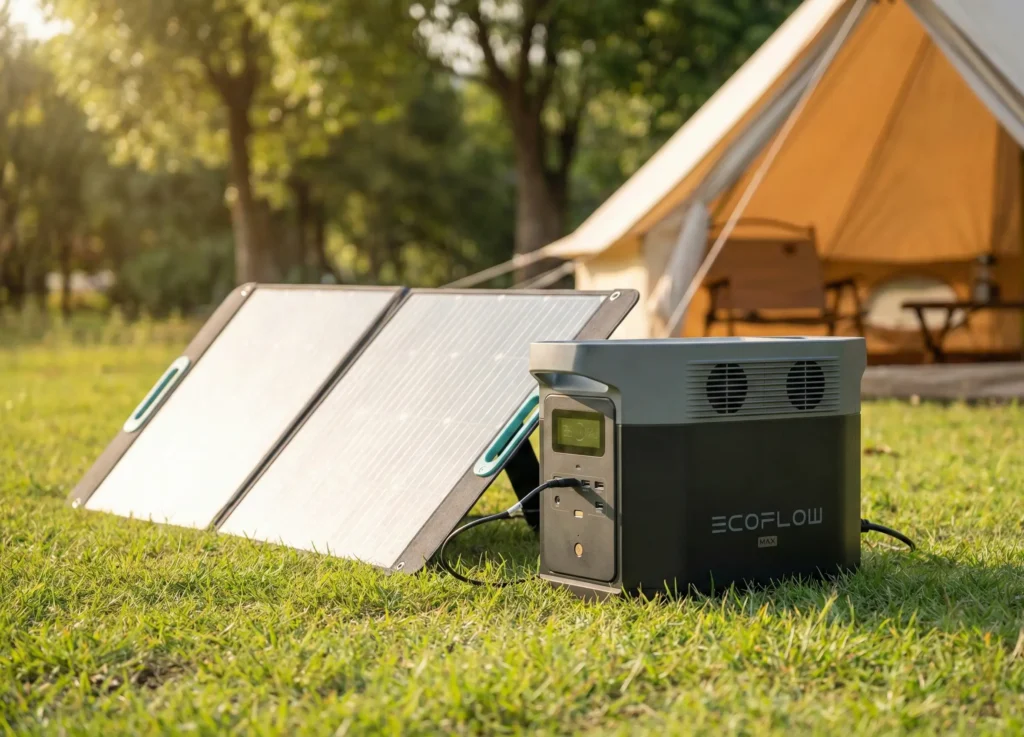 Cargando EcoFlow Delta 2 Max con paneles solares en camping.