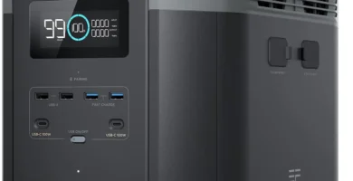 estación de energía portátil ecoflow delta 2 max de frente, donde se ve la pantalla led y las conexiones disponibles