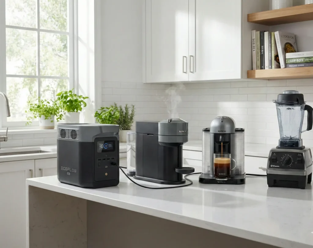 EcoFlow Delta 2 Max alimentando cafetera y electrodomésticos de cocina.