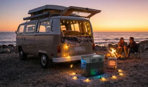Estación de energía para caravana y camper frente al mar