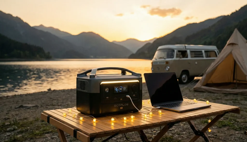 Mejor estación de energía portátil alimentando equipos en un camping al atardecer.