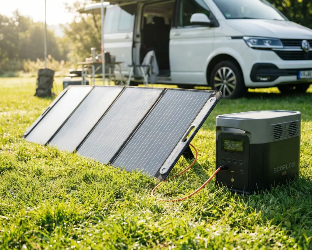Panel solar plegable cargando una estación de energía para caravana en el exterior