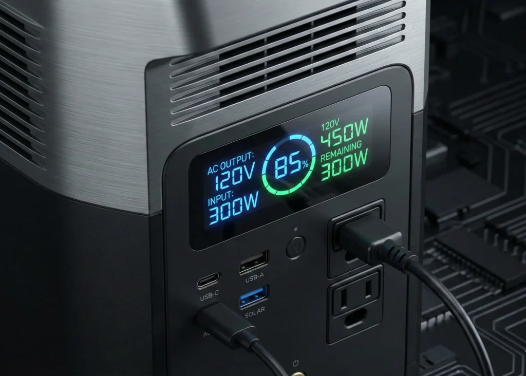 Detalle de pantalla y puertos de salida de la EcoFlow Delta 2 Max.