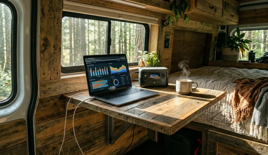 Nómada digital trabajando con portátil y estación de energía para caravana