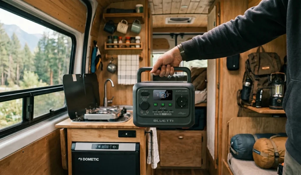 Bluetti Elite 30 V2 sostenida con una sola mano, demostrando su portabilidad y diseño compacto para furgonetas camper
