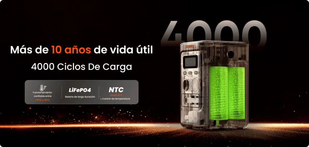 Vista interna de las celdas LiFePO4 de la Jackery 300D mostrando su durabilidad de 4000 ciclos.