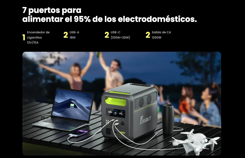 Una estación FOSSiBOT F1200 en un picnic alimentando simultáneamente un portátil, altavoz, dron y dos smartphones con iconos de 7 puertos.