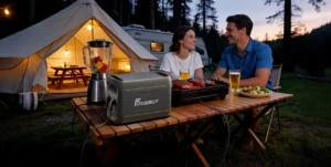 Pareja usando la estación FOSSiBOT F1800 para alimentar una batidora en una zona de acampada con autocaravana.
