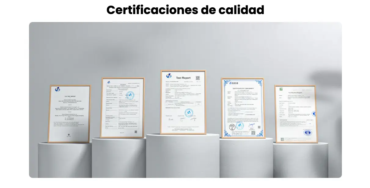 Conjunto de cinco informes y certificados de calidad y seguridad para la estación de energía FOSSiBOT F3600 Pro.