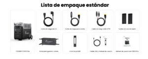 Desglose visual del contenido de la caja de la FOSSiBOT F3600 Pro incluyendo la estación, cables, fundas y manuales.