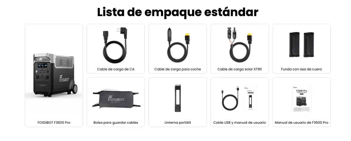 Desglose visual del contenido de la caja de la FOSSiBOT F3600 Pro incluyendo la estación, cables, fundas y manuales.