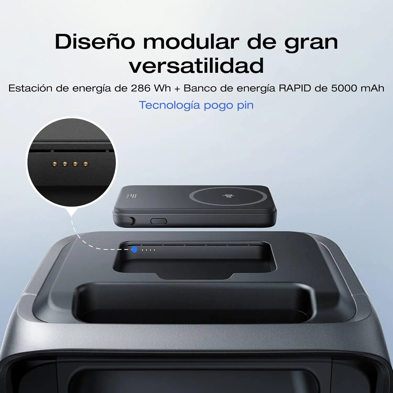 Detalle del diseño modular de la EcoFlow River 3 Plus con tecnología pogo pin para conectar el banco de energía RAPID de 5000 mAh de forma inalámbrica.