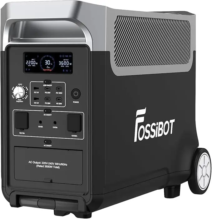 Estación de energía portátil FOSSiBOT F3600 Pro de 3840Wh con ruedas y asa telescópica para uso doméstico.