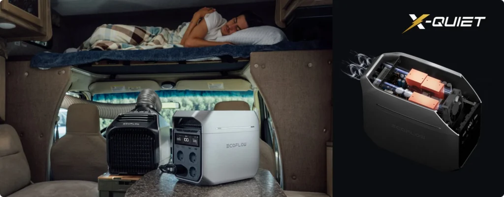 Usuario durmiendo en una furgoneta camper con la EcoFlow Delta 3 Plus funcionando silenciosamente y un diagrama técnico del modo X-Quiet.