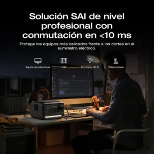 La EcoFlow River 3 Plus utilizada como sistema de alimentación ininterrumpida (SAI) en un escritorio con PC, NAS y router, destacando la conmutación en menos de 10ms.