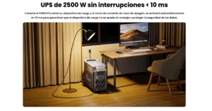 La FOSSiBOT F3600 Pro en un entorno de oficina en casa, funcionando como un sistema de respaldo UPS sin interrupciones < 10ms.