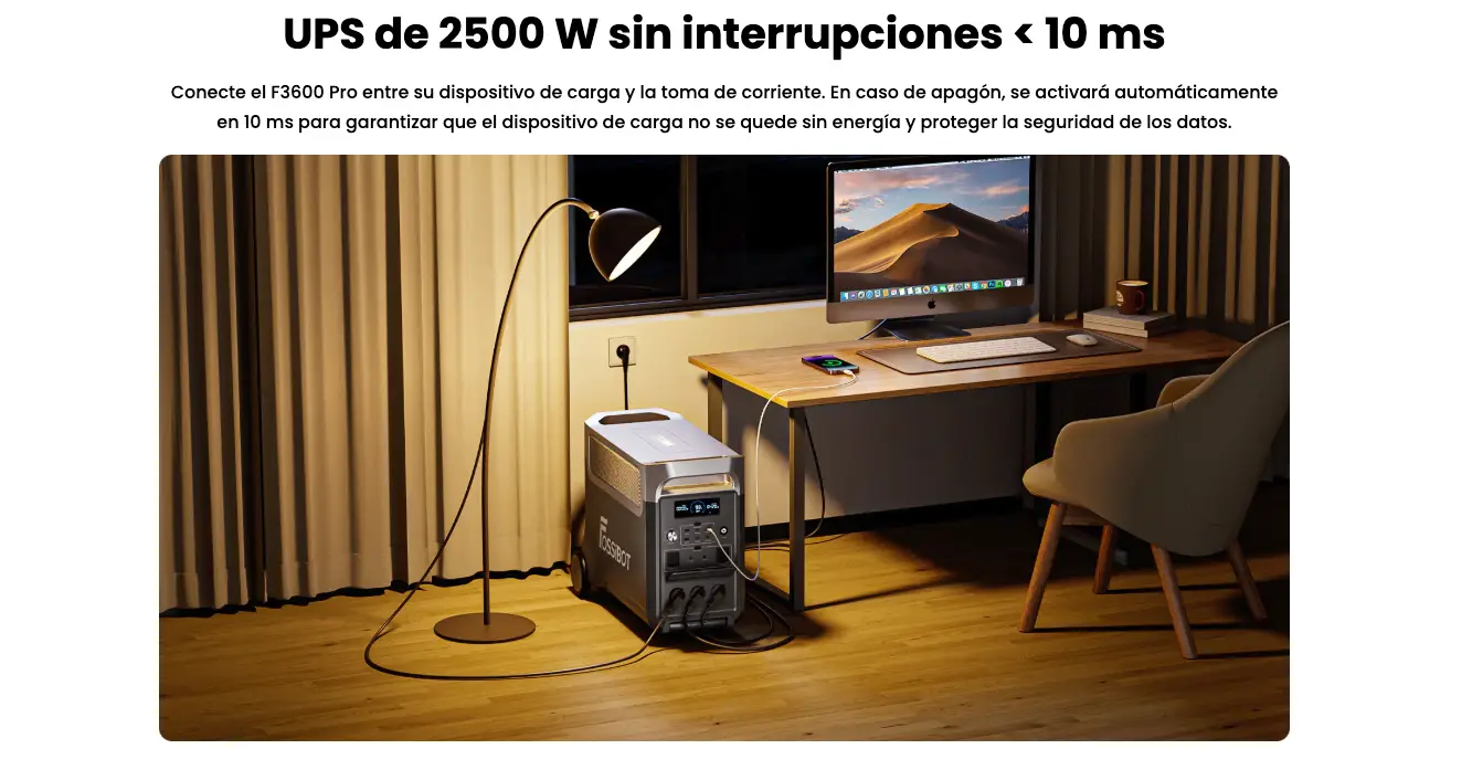 La FOSSiBOT F3600 Pro en un entorno de oficina en casa, funcionando como un sistema de respaldo UPS sin interrupciones < 10ms.