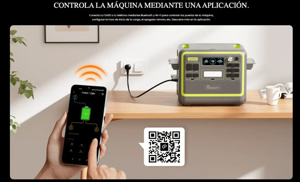 Interfaz de la aplicación móvil para controlar los puertos y la carga de la estación FOSSiBOT F2400 mediante WiFi o Bluetooth.