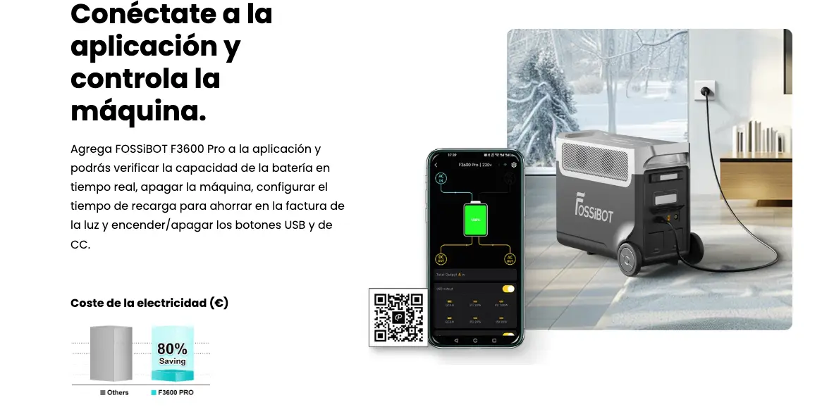 Captura de pantalla de la aplicación móvil de FOSSiBOT mostrando la monitorización de la F3600 Pro y detalles de ahorro de energía.