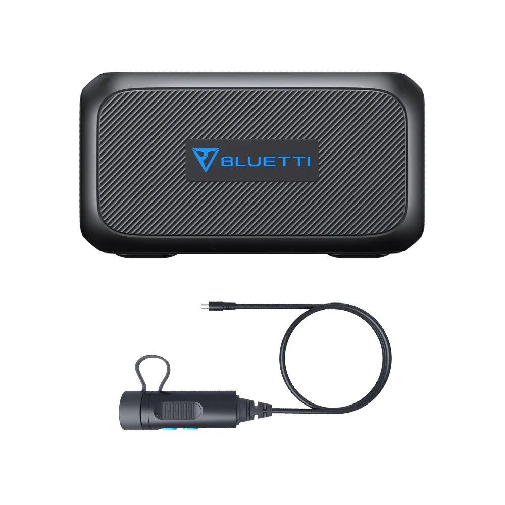 Vista completa del unboxing de la Bluetti B230, incluyendo la batería, cables de conexión, manual de usuario y tarjeta de garantía.