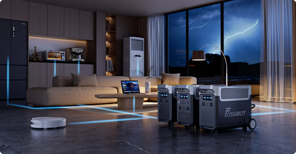 Tres unidades FOSSiBOT F3600 Pro conectadas en un salón de lujo, suministrando energía de respaldo a toda la casa durante una tormenta eléctrica.