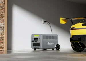 nfografía mostrando la velocidad y tiempos de carga de la FOSSiBOT F7200 a través de enchufe de pared CA.