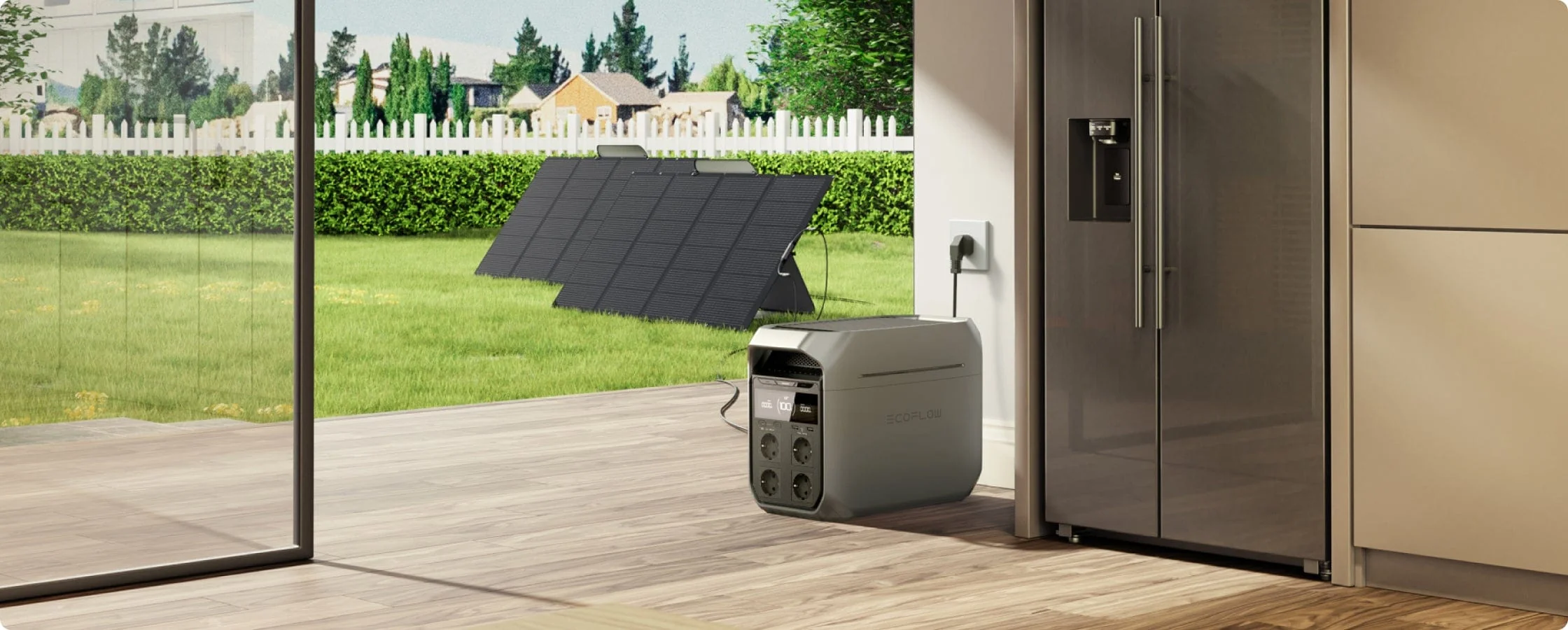 EcoFlow Delta 3 Plus cargando simultáneamente mediante paneles solares y red eléctrica en una cocina moderna.