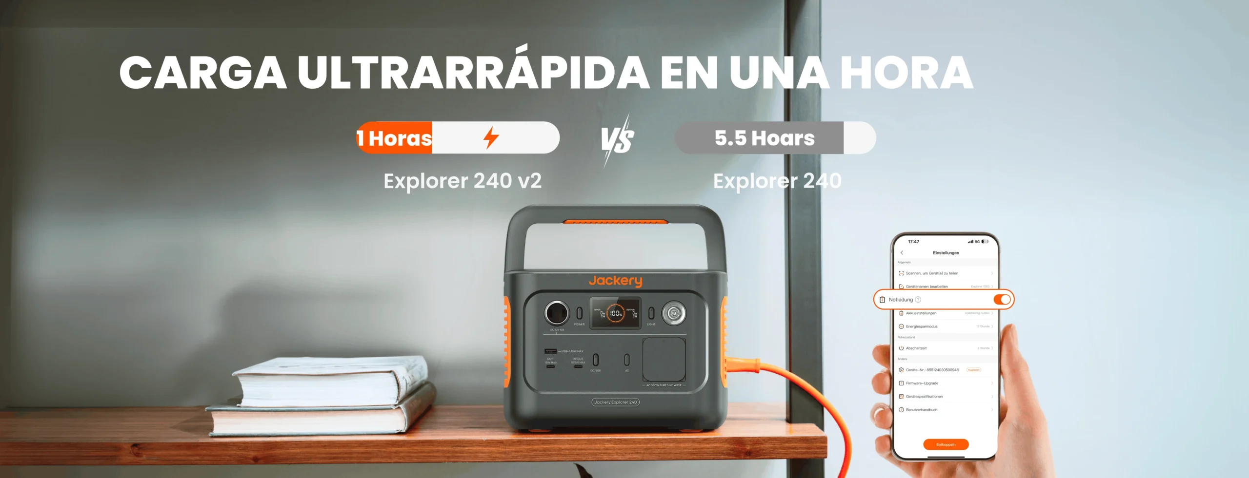 Gráfico comparativo de carga: 1 hora en la 240 v2 frente a 5,5 horas en la v1.