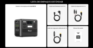 Lista de empaque de la FOSSiBOT F2400 incluyendo cables de carga AC, solar, para coche y manual de usuario.