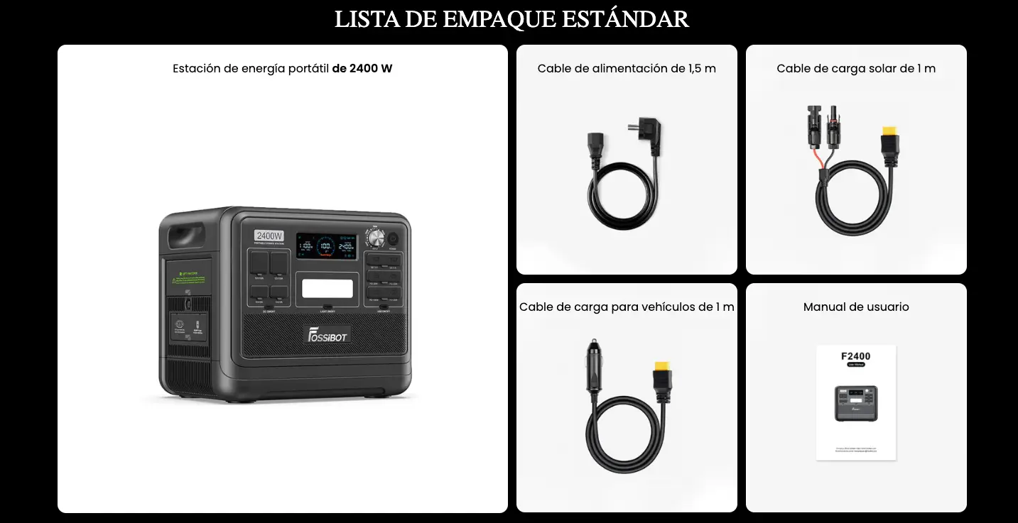 Lista de empaque de la FOSSiBOT F2400 incluyendo cables de carga AC, solar, para coche y manual de usuario.