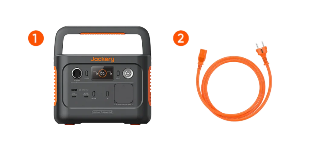 Imagen del paquete oficial: estación Jackery 240 v2 y cable de carga AC naranja.