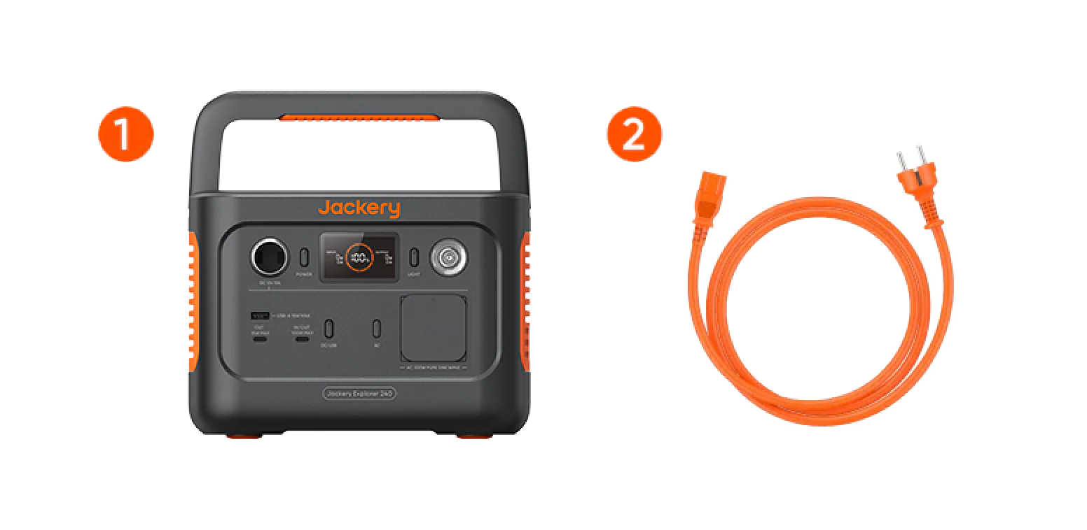 Imagen del paquete oficial: estación Jackery 240 v2 y cable de carga AC naranja.