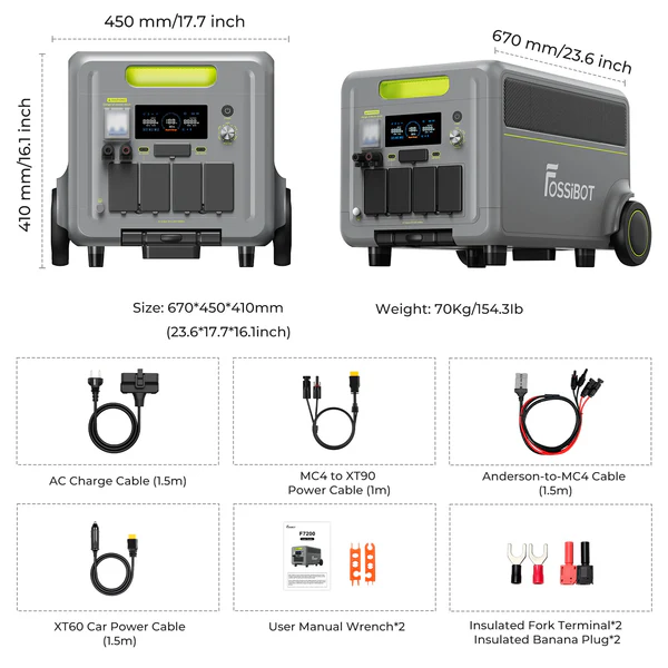 Infografía detallada con las dimensiones, peso de 70kg y lista de cables y accesorios incluidos en la caja de la FOSSiBOT F7200.