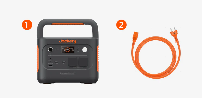 Imagen numerada de la estación de energía Jackery 1000 v2 (1) y los accesorios incluidos en la caja (cables, manual) (2).