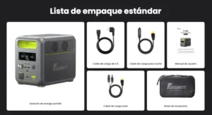 Desglose visual del contenido estándar de la caja de la FOSSiBOT F1200 incluyendo la estación, cables, bolsa y manual.