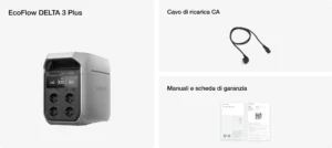 Contenido de la caja de la EcoFlow Delta 3 Plus: estación de energía, cable de carga CA, manuales y tarjeta de gar