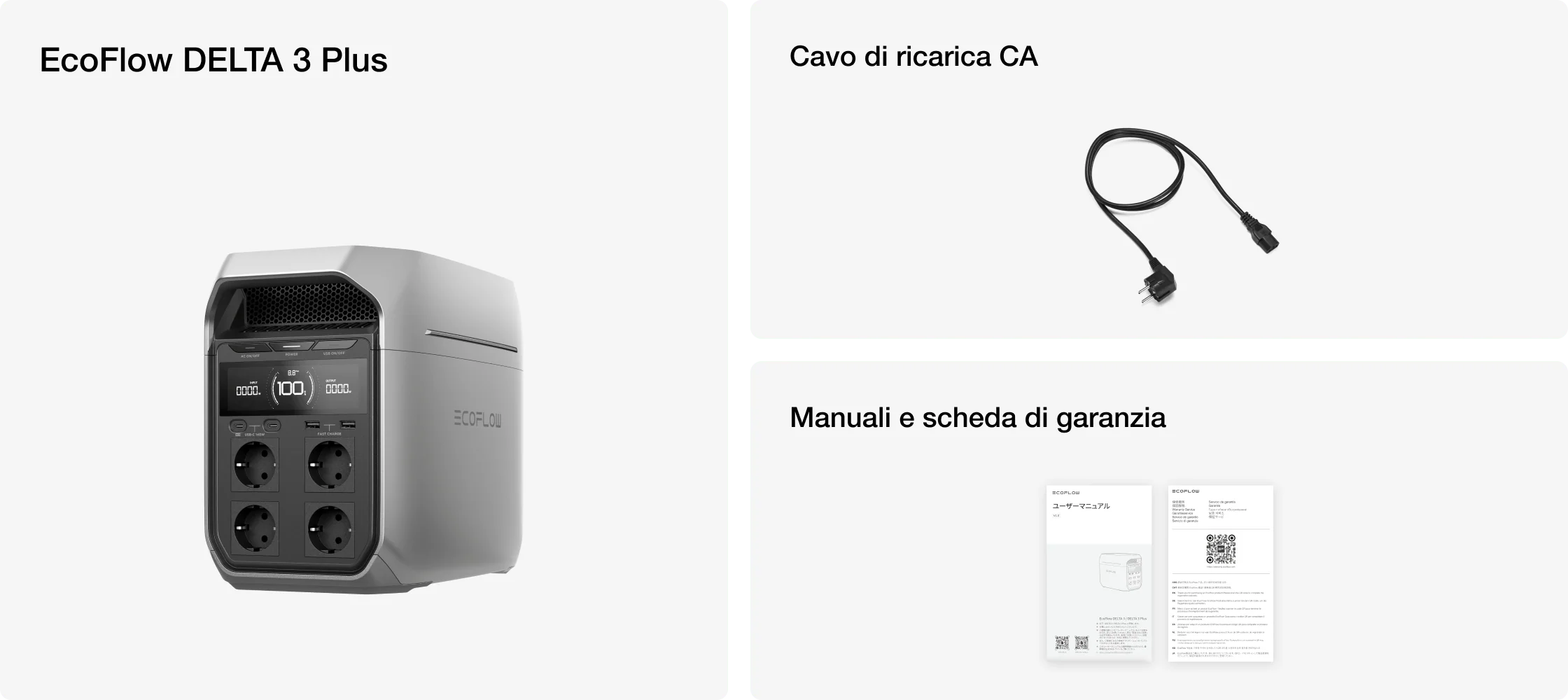 Contenido de la caja de la EcoFlow Delta 3 Plus: estación de energía, cable de carga CA, manuales y tarjeta de gar