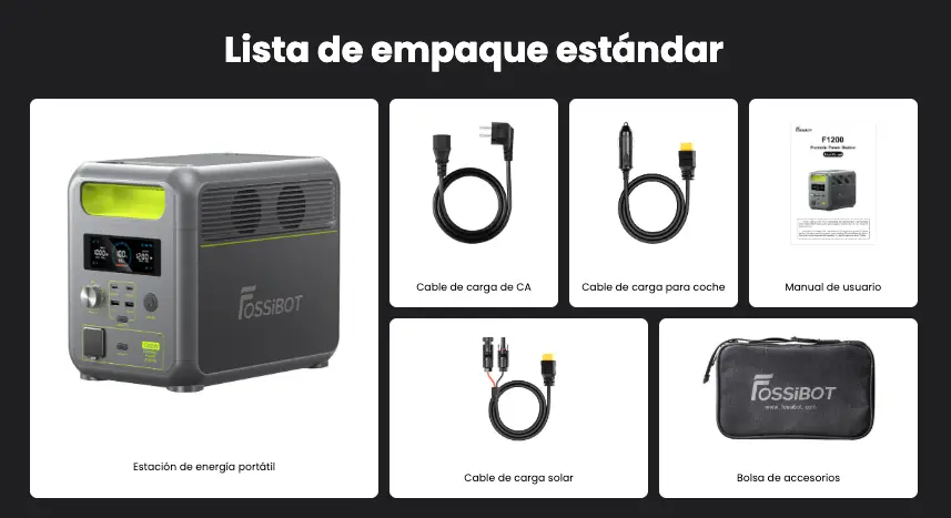 Desglose visual del contenido estándar de la caja de la FOSSiBOT F1200 incluyendo la estación, cables, bolsa y manual.