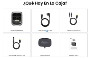 Unboxing y accesorios incluidos en la caja de la FOSSiBOT F1800: cables, bolsa y manual.