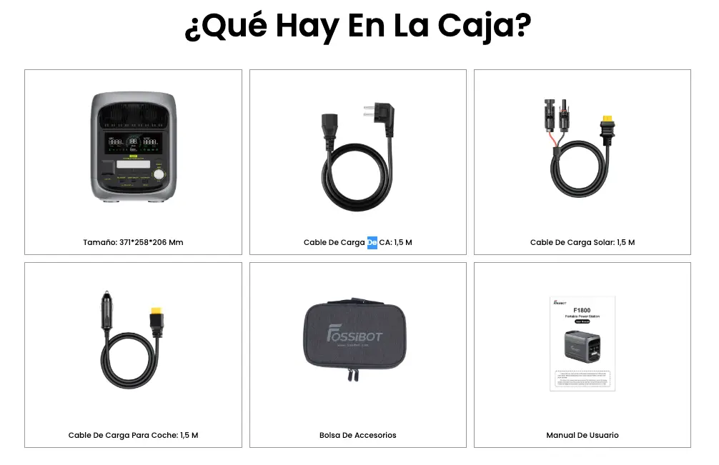 Unboxing y accesorios incluidos en la caja de la FOSSiBOT F1800: cables, bolsa y manual.