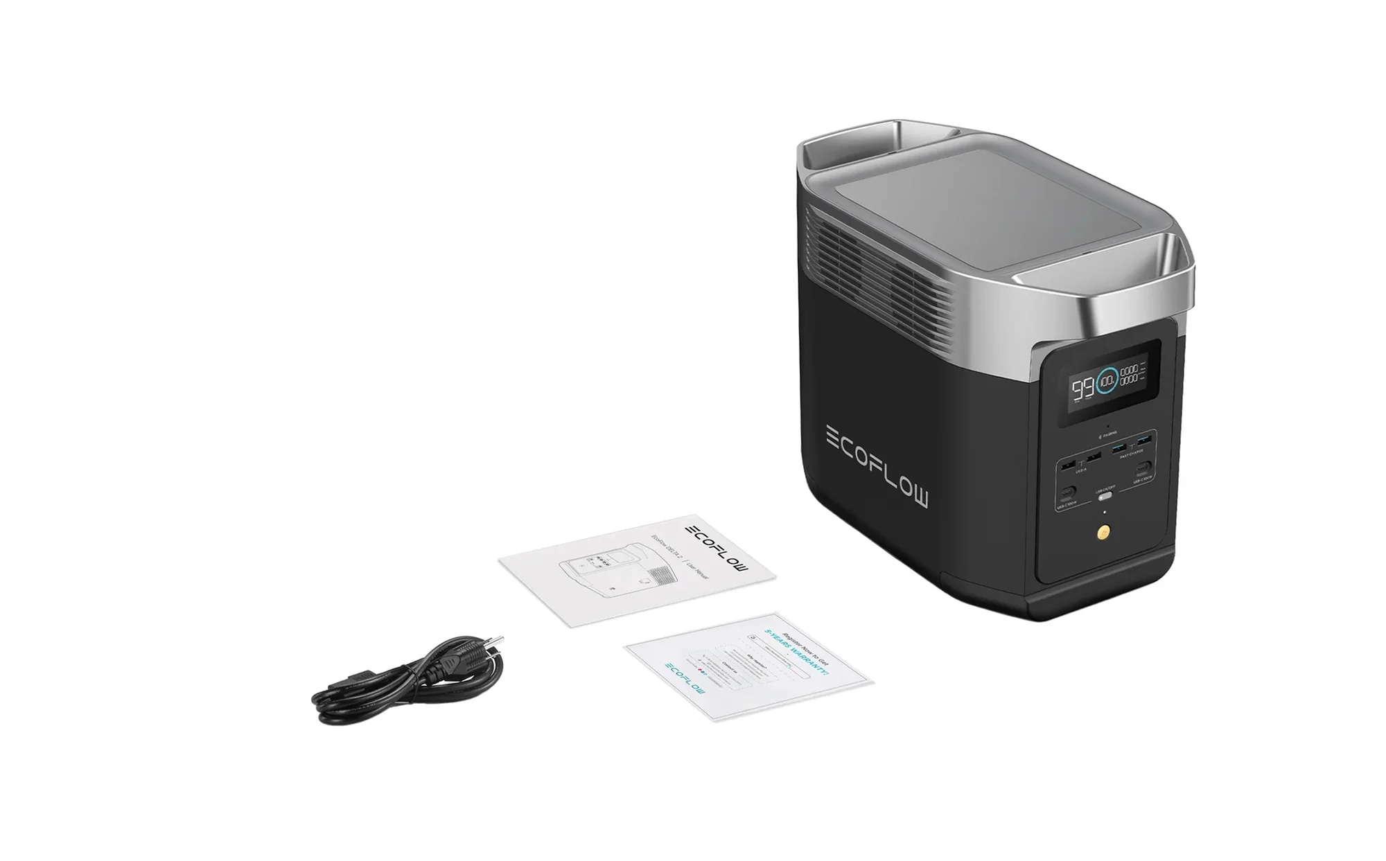 Vista completa del unboxing de la EcoFlow Delta 2 con cables de carga, manuales y unidad principal.