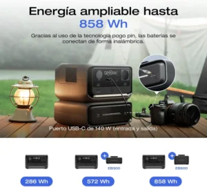 Esquema de ampliación de batería para la EcoFlow River 3 Plus mostrando la unidad base de 286Wh y las opciones con baterías extra EB300 (572Wh) y EB600 (858Wh).