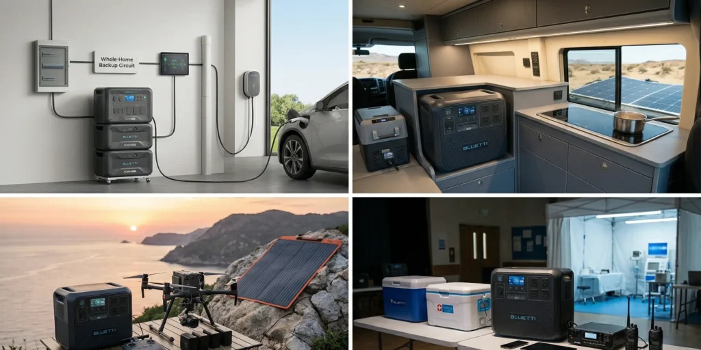 Gama de estaciones de energía Bluetti 2026: modelos AC200L, AC180 y EB3A sobre mesa de madera en entorno doméstico.