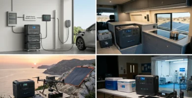 Gama de estaciones de energía Bluetti 2026: modelos AC200L, AC180 y EB3A sobre mesa de madera en entorno doméstico.