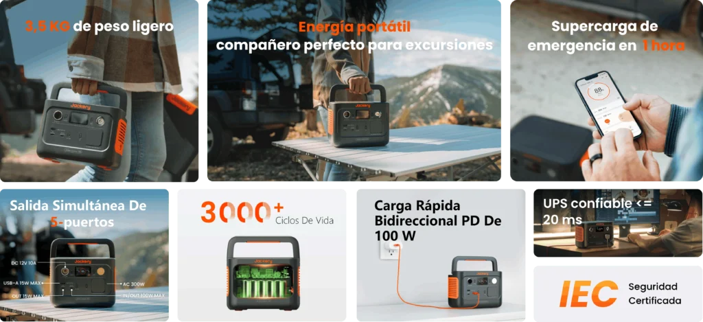 Resumen visual de características: 3,5 kg, carga en 1 hora y 3000 ciclos.