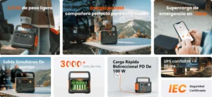 Resumen visual de características: 3,5 kg, carga en 1 hora y 3000 ciclos.